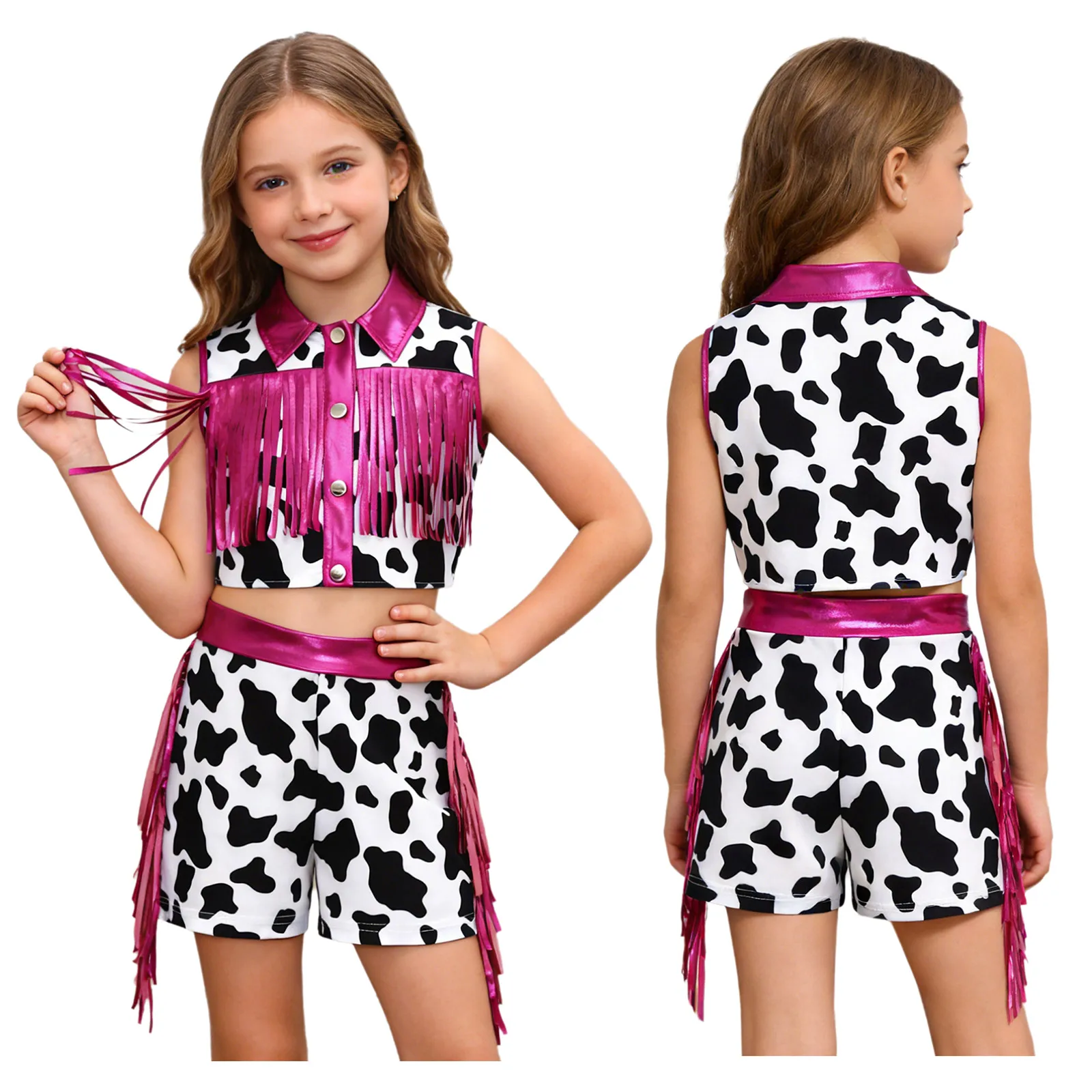 Girls Cow Print Western Cowgirl Costume Metallic Tassel Crop Vest Top with Shorts Jazz Dance Outfit for Halloween Carnival Party