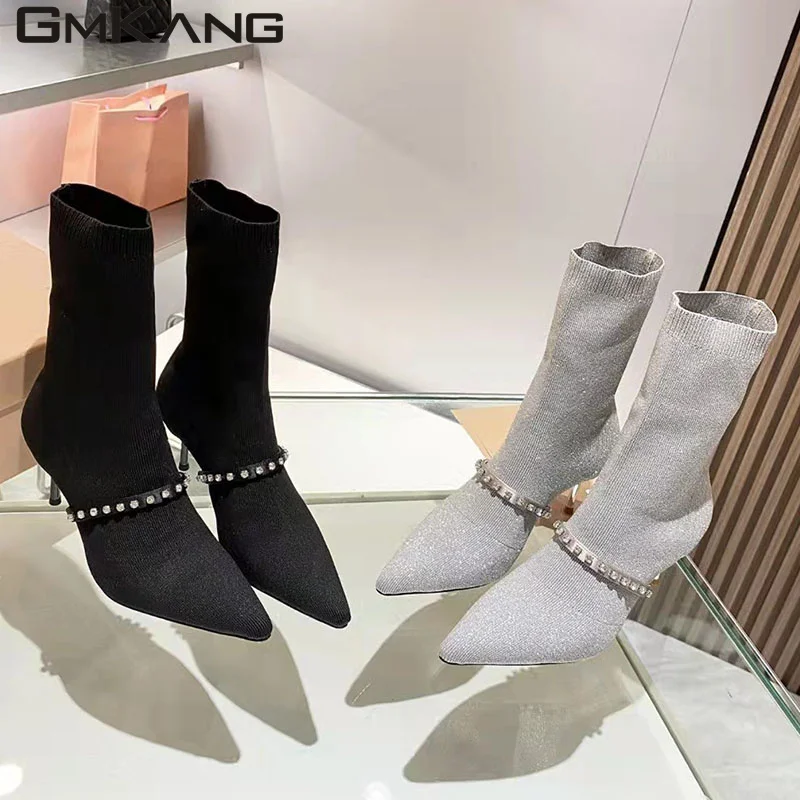 Runway High Heel Knit Boots Women Black Silver Stretch Sock Boots Rhinestone Wedding Shoes Women Stiletto Modern Boots Woman