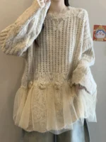 plus Size Women's Knitted Long Sve Sweater Floral Embroidery Lace Splicing Autumn Winter Thiened Breathable Casual Top