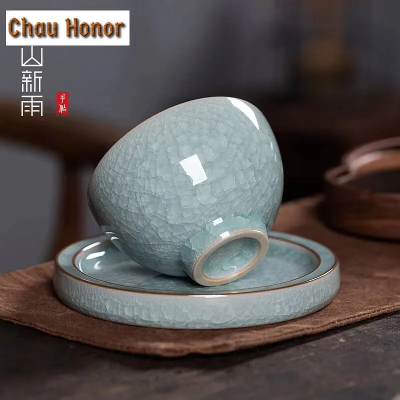Handmade Longquan Celadon Teacup Elegant Ice Flower Ceramic Master Cup with Holder Set Personal Tea Bowl Jianzhan Teaware Gifts