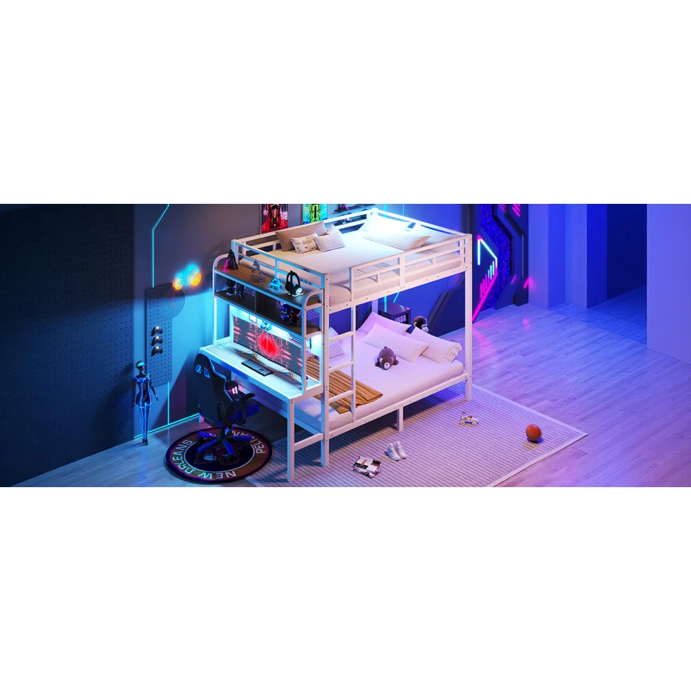 Etagenbett 140x200cm, Eisenrahmen, Stauraum, Schreibtisch mit LED-Lichtleiste, USB-Anschluss, Sicherheitsgeländer, Leiter, ohne Matratze – Detail 17