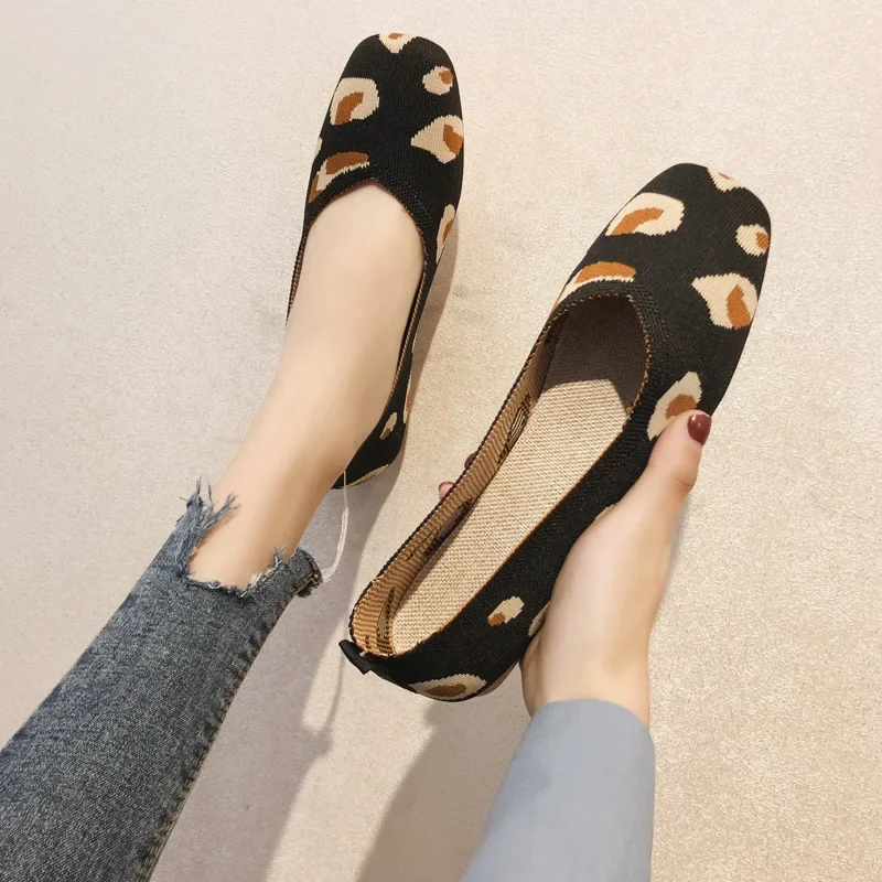 Spring and Autumn Flat Shoes Fashion Leisure Women's Flat Shoes Square Toe Knitting Elastic Comfortable Slip-on Boutique Shoes 5