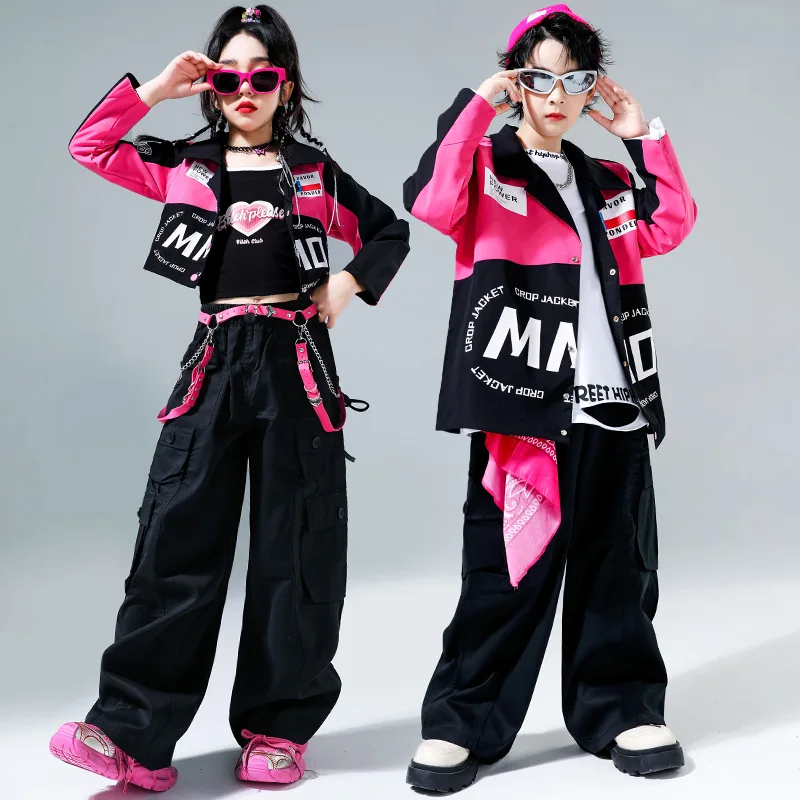 

Укороченная куртка в стиле хип-хоп для девочек и мальчиков, мотоциклетная розовая юбка, уличное танцевальное пальто, брюки-карго, детский комплект одежды для джаза, милая уличная одежда