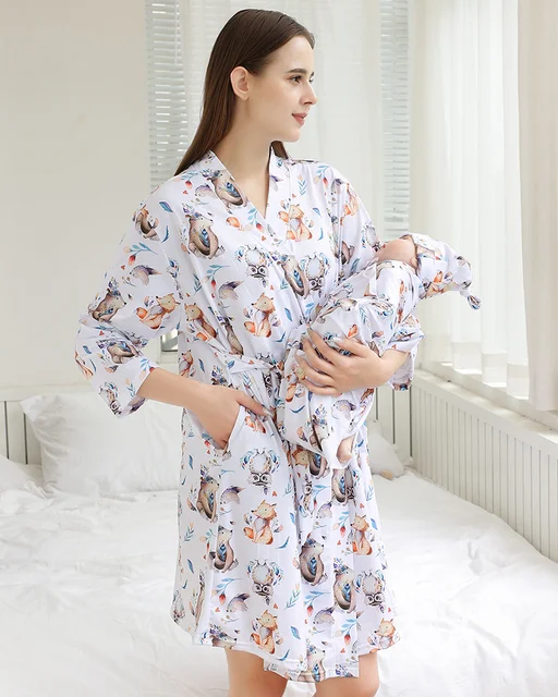 Maternity Robes＋baby Swaddling＋hairband＋hat 4pcs/set Cartoon Long Sleeves  Women's Pajamas Nursing Childbirth Pregnancy Clothing - Sleep & Lounge -  AliExpress