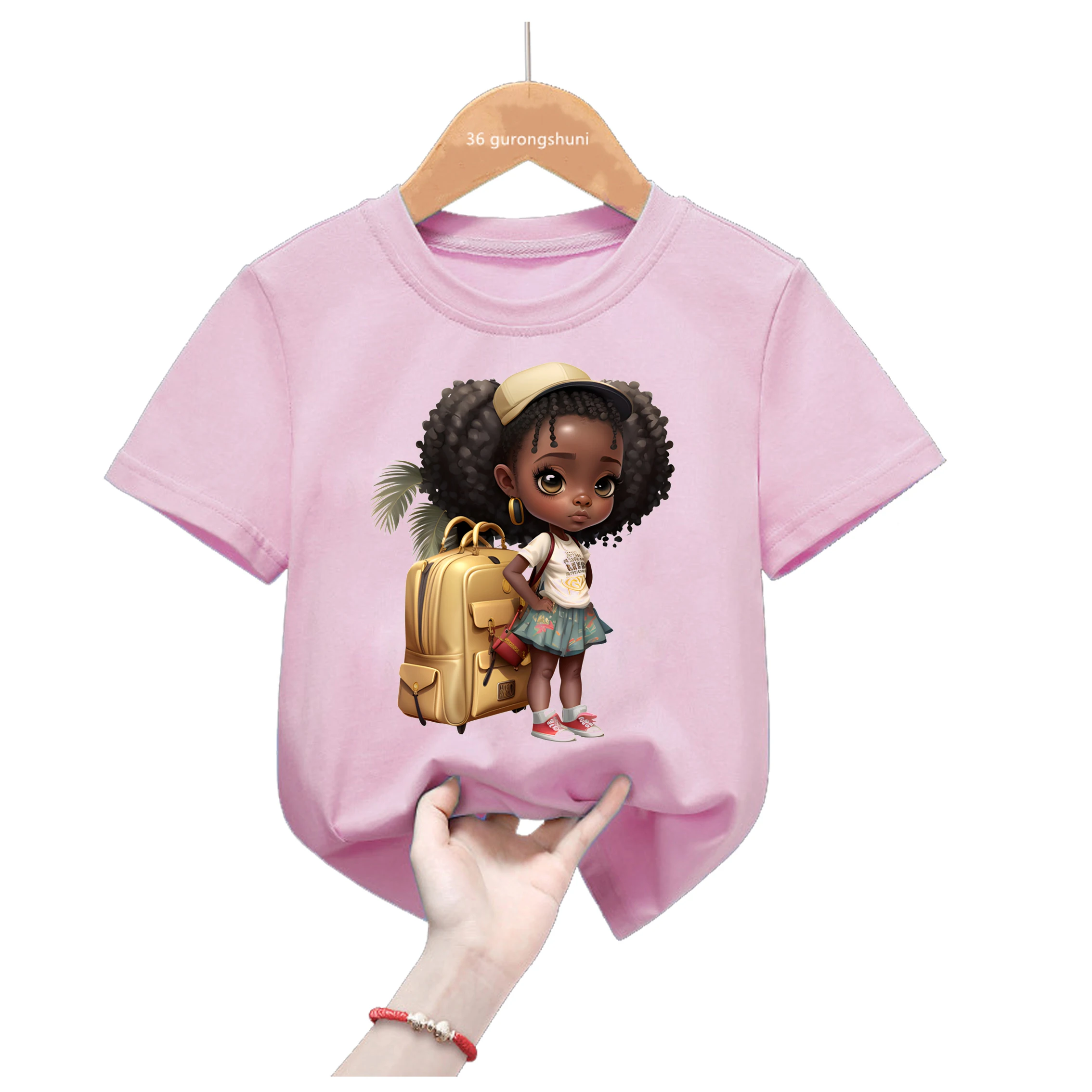 

Hot Sale Black Girl Trip With Suitcase Print Tshirt Harajuku Kawaii Kids Clothes Melanin T Shirt Summer Short Sleeve T-Shirt