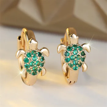 Green Zircon Stone Cute Sea Turtle Hoop Earrings For Women Vintage Gold Color Small Ear Buckle Wedding Jewelry Mother's Day Gift
