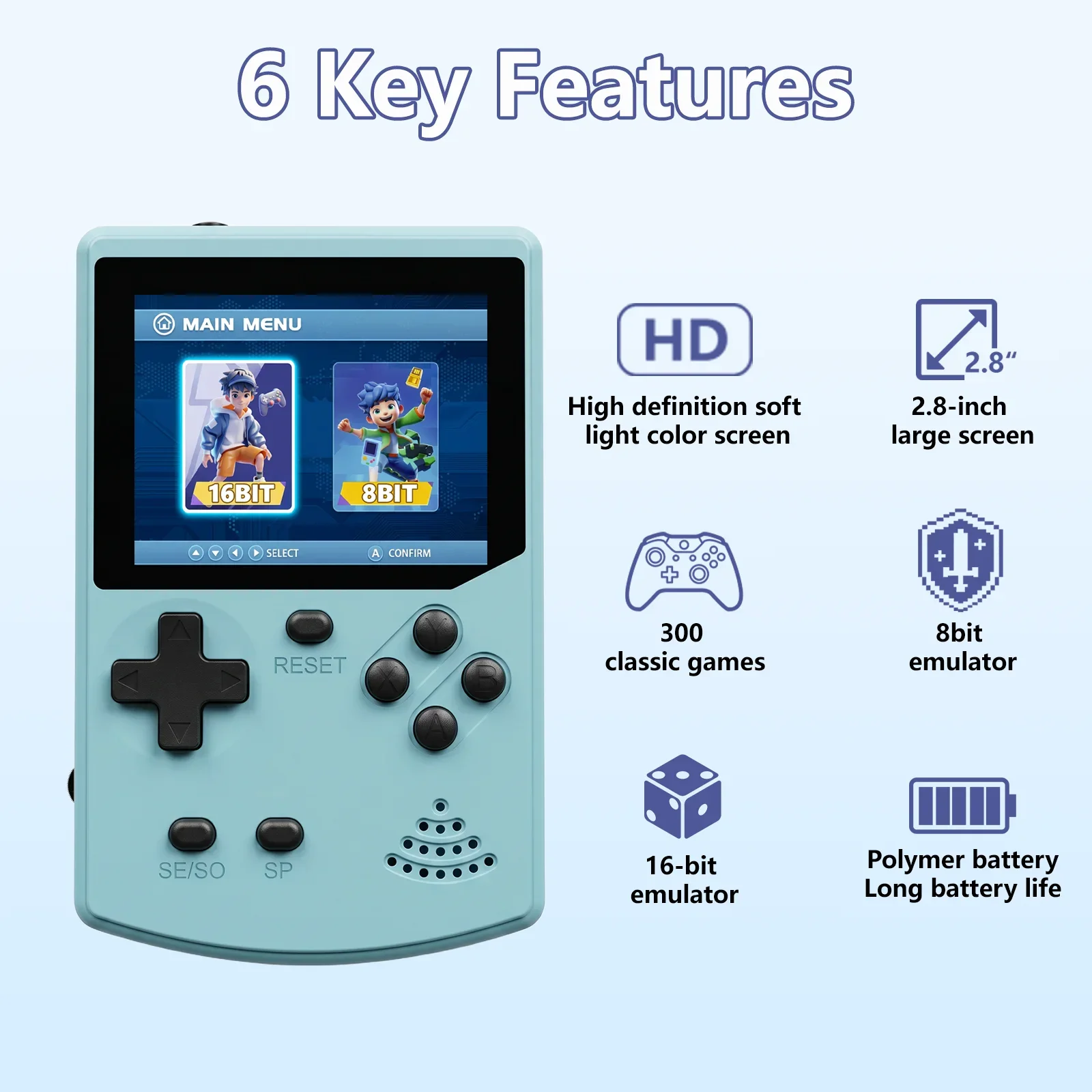 GAMINJA Handheld Game Console 300 Classic 8bit/16bit Games 2.8" HD Screen Retro Video Mini Game Console Gift for Nostalgia - 2