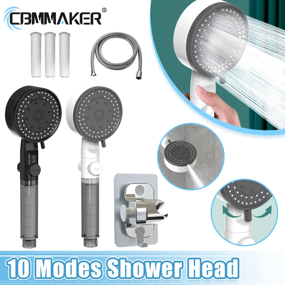 10ModesHighPressurefilteredwaterShowerHeadOneclickwaterstop