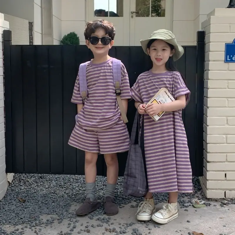 

Летняя одежда Brother Sister для мальчиков и девочек, наряды, платье в полоску для маленьких девочек, детский топ + короткий комплект, корейский Детский костюм