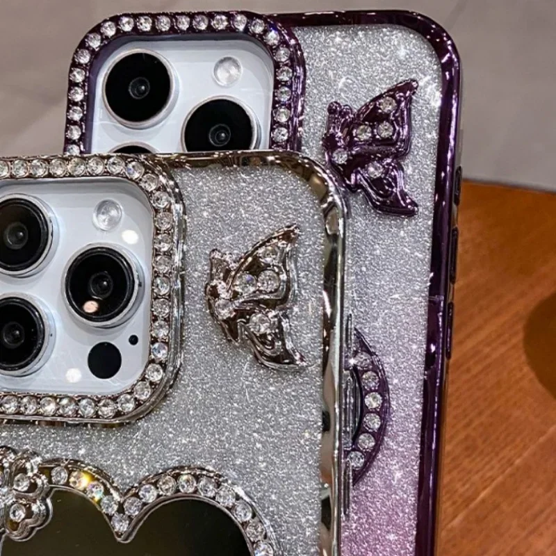 Elegant Heart Makeup Mirror Case with Plating Butterfly and Glitter Diamond Design