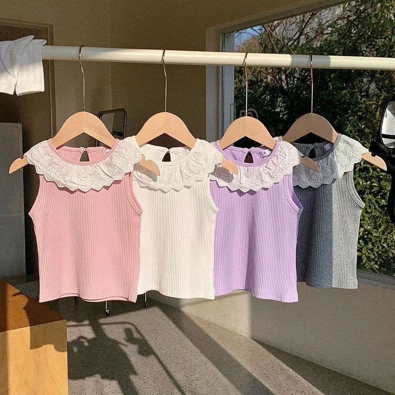 Girls Summer Lace Vest Tops Kids Sleeveless T-shirt Children Ruffled Sweet Thin Clothes Simple Versatile