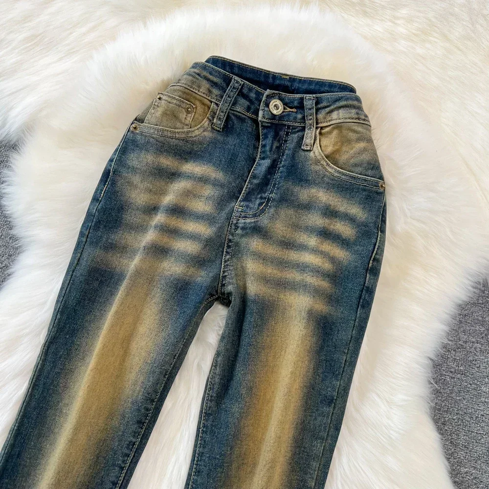 

Colorblock Contrast Gradient Women Jeans with Flare Pant Long Slight Bootcut Bell Bottom Denim Pants y2k vintage tight stretch