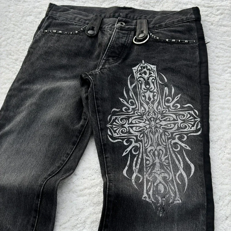 Y2K Dark Gothic Jeans Micro Flared Cross Leather Pocket Denim Pants Retro Harajuku Heavyweight Unisex Loose Streetwear Trousers 3