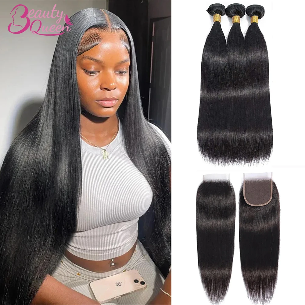 BeautyQueen 4x4 HD Lace Closure With Bundles Bone Straight Bundles 30 Inch Long Human Hair Weave With 4x4 Lace Closure