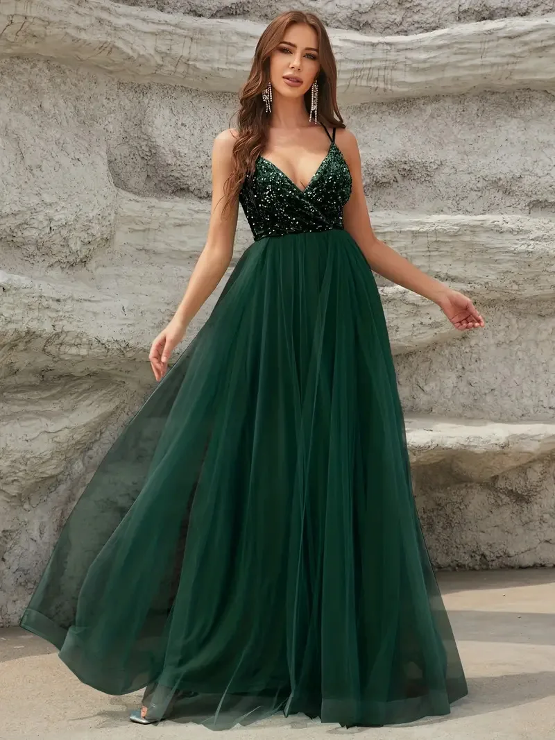 

Spaghetti Surplice Neck Wedding Dress Sexy Sleeveless High Waist Pleated Mesh Maxi Dress For Wedding Party