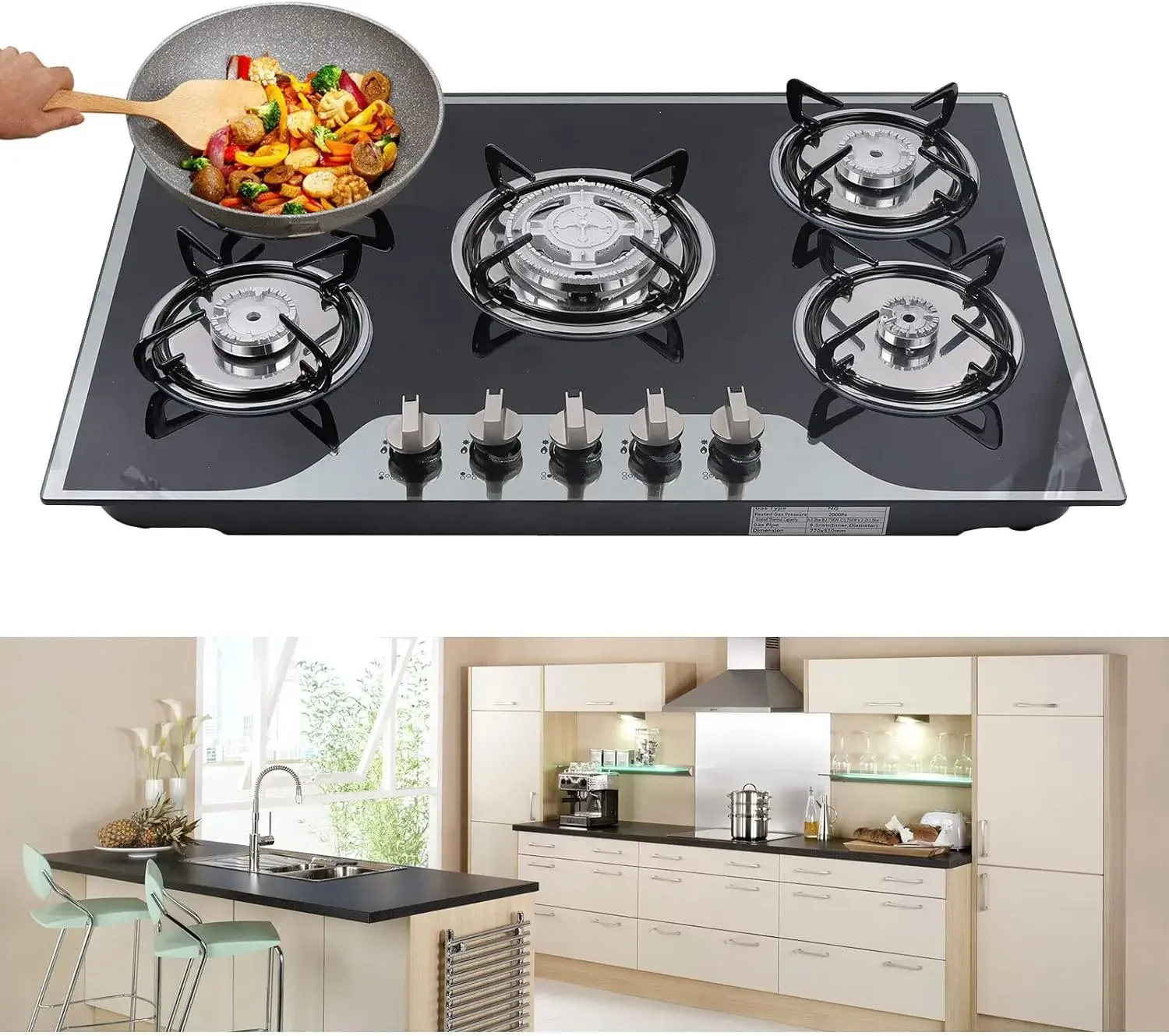 Cooktop 23'' 30 Inch 35'', Built-in NG/LPG Convertible Gas Cooktops 4 Burners 5 Burner Gas hob, Gas Countertop Plug-in with Temp 2