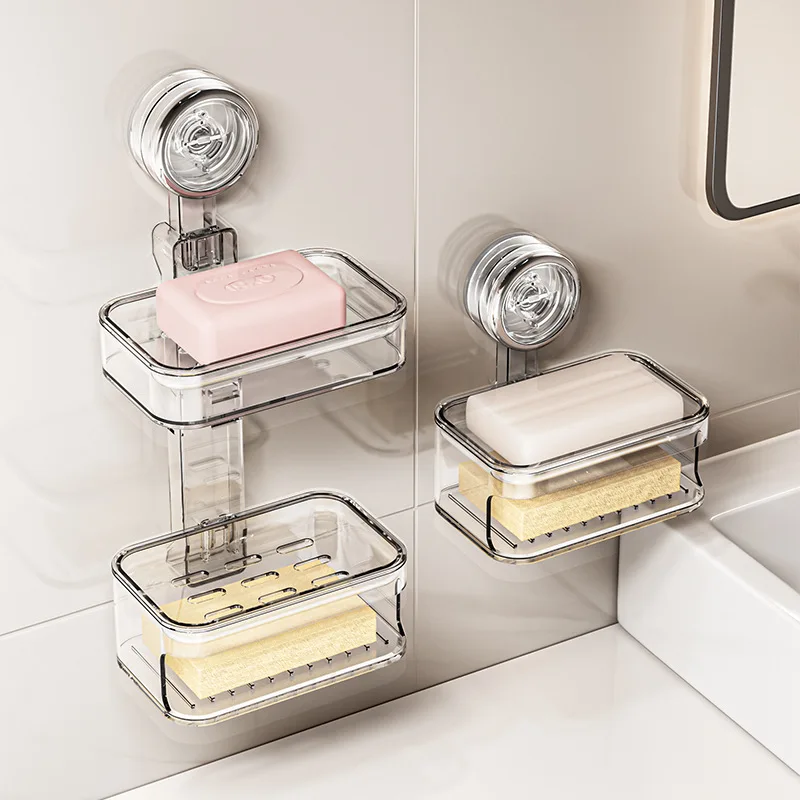 Bathroom Soap Box Bathroom Storage Rack No Punching Double Layer Suction Cup Wall Hanging Storage Soap Box Soap Box