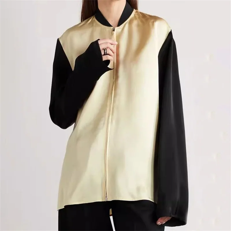 

Women's shirt 2024 Summer New in Contrast patchwork long sleeved top Satin slim silk Women's blouse Casual versatile thin jacket