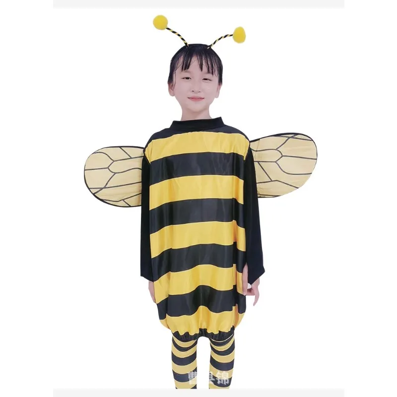 Cosplay Costume Bee Costume Kids Halloween Cosplay Set Bee Dress with Wings Heandband Leg Sleeves and Hair Hoop for Stage Show Dress Up