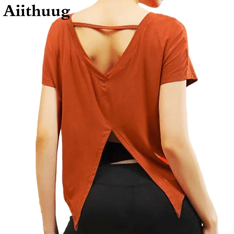 Aiithuug Sexy V-Shape Back Split Yoga Top Women's Short Sleeve Lightweight Loose Quick Drying Pilates Dancing Workout Cover-up