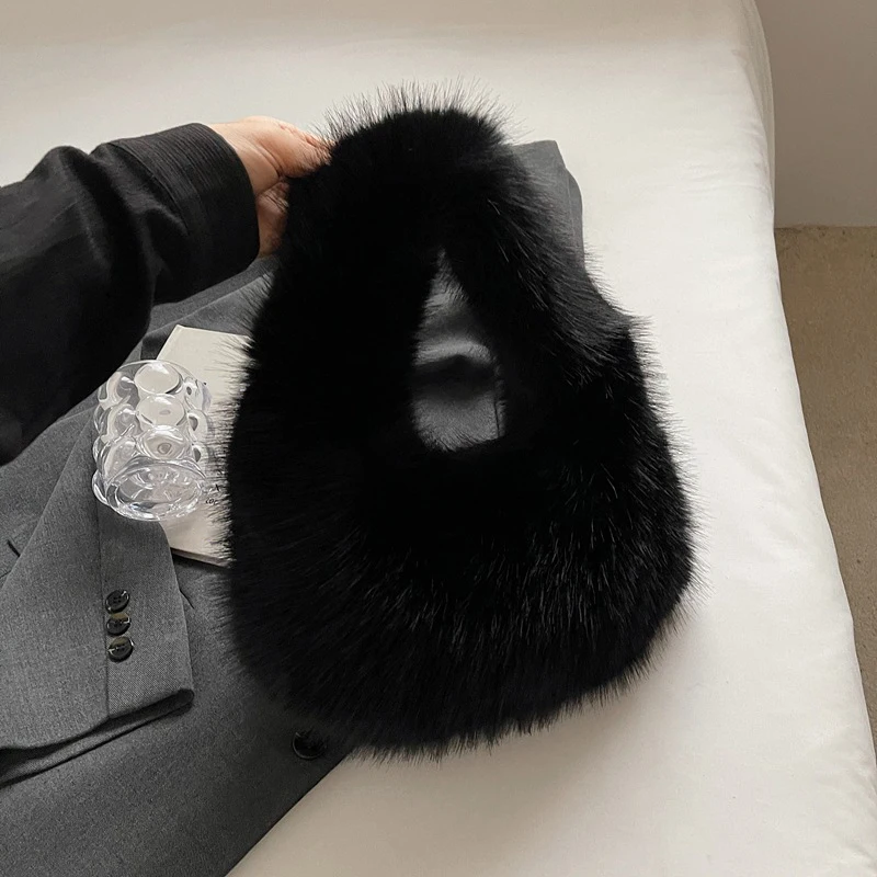 Solid Color Faux Fur Bag for Women Winter Soft Plush Handbags Ladies Small Elegant Tote Bags Fashion Trend Female Furry Purse