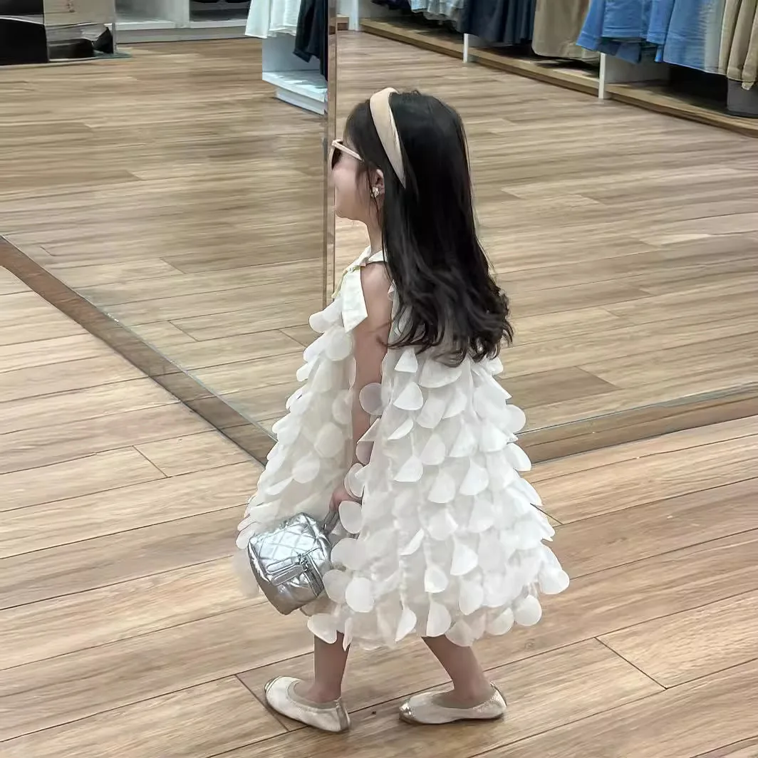 

2024 Summer Girl Style Petal Hanging Dress Fashionable Bow Vest Doll Dress Kids Dresses for Girls Baby Girl Dress
