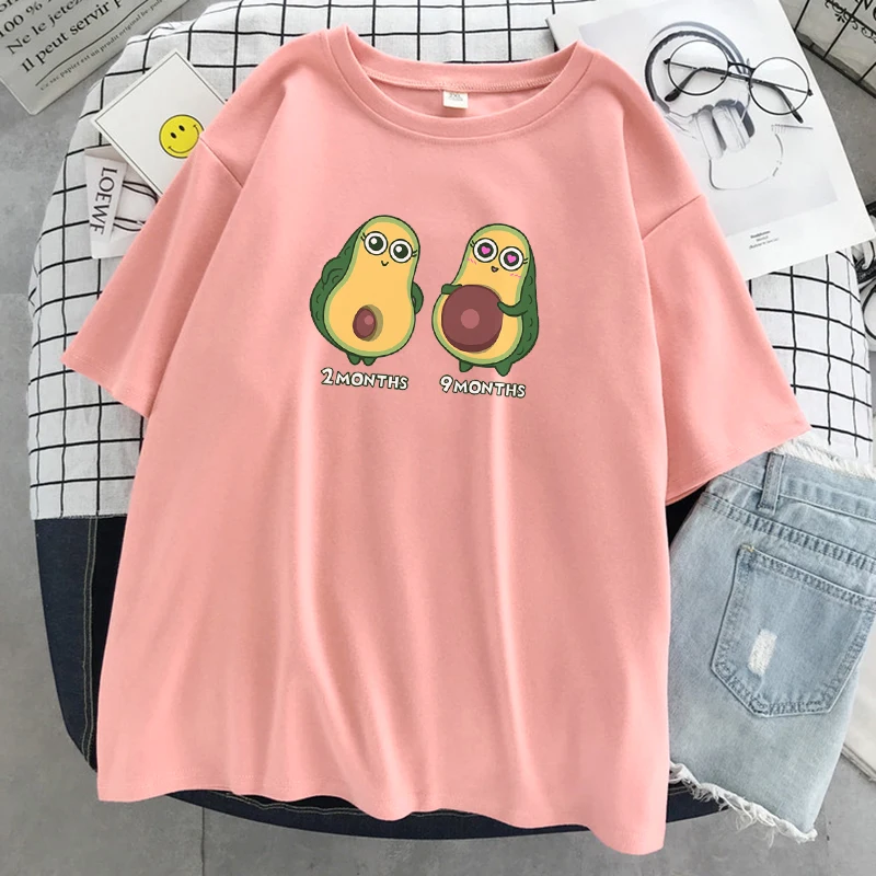 

Soft Brand Top Women Avocado Pregnancy Love Story Cartoons Print Women's T Shirt Summer Casual Tee Clothes O-Neck Loose T Shirts