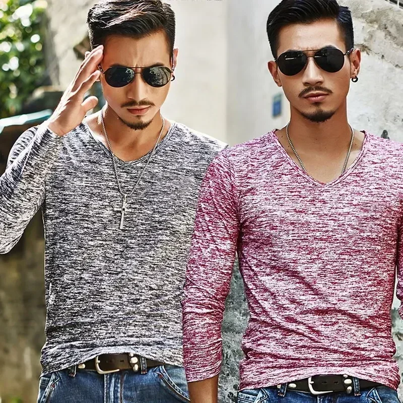 

A3292 New Fashion Men Casual T Shirts Long Sleeve Print Tops V neck Slim Tees Shirt Summer Mens Clothing Fashion Tshirt