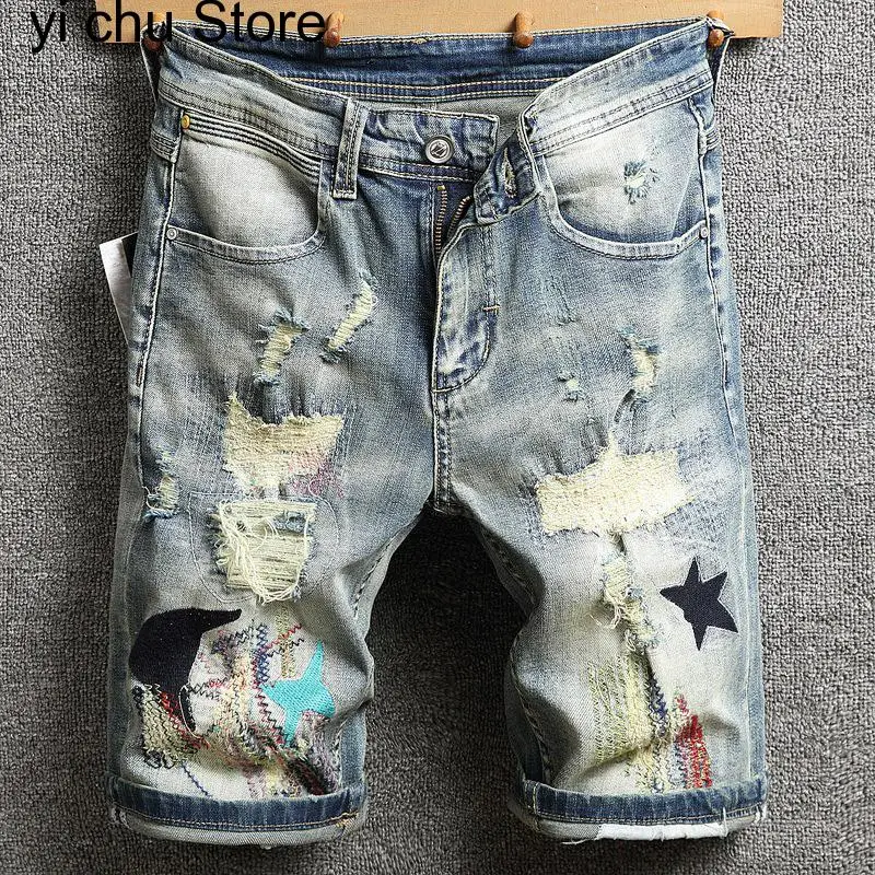 Summer New Men's Denim Shorts Retro Embroidery Ripped Short Jeans Street Fashion Thin Section Hole Slim Knee Length Pants