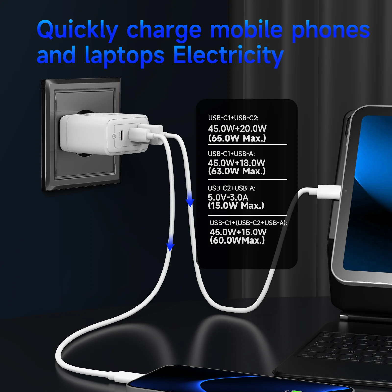High-Speed GaN Wall Charger with Smart Power Distribution - EU Plug for Home, Office, and Travel