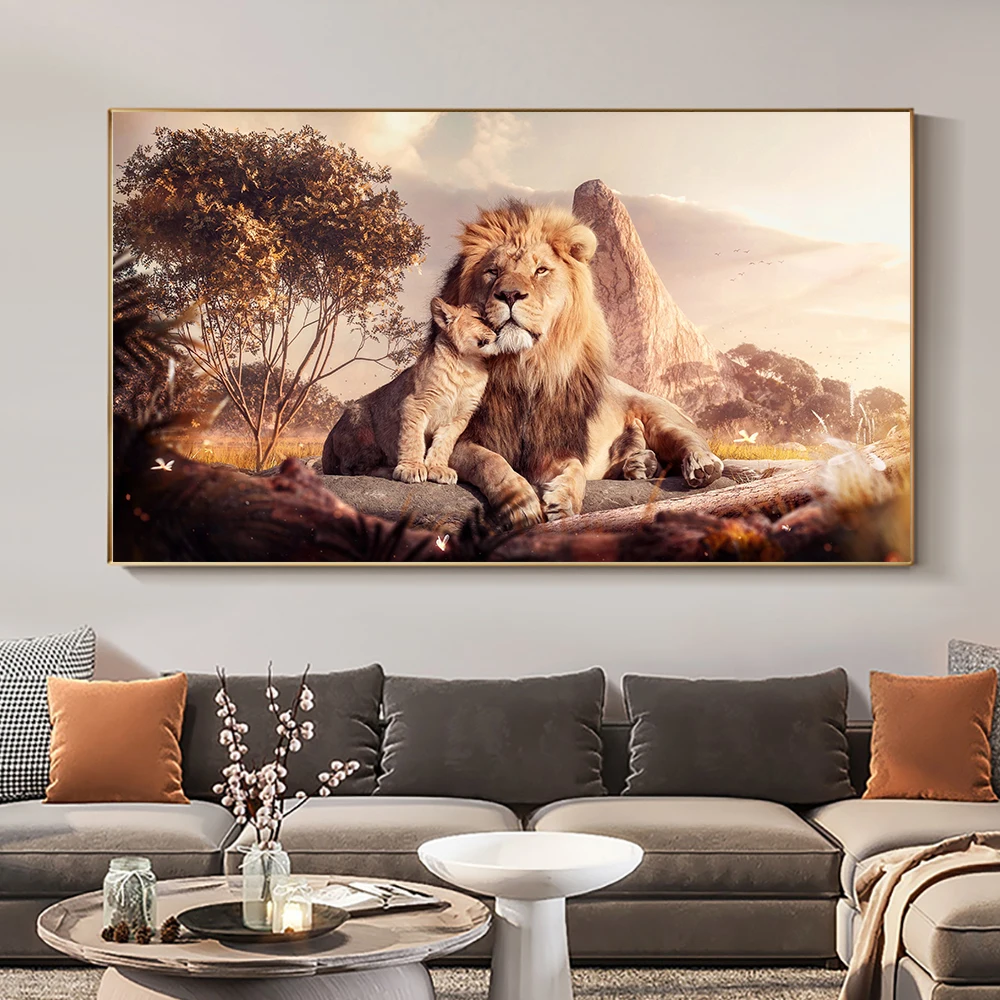 

Wild Lion Mother and Kids Canvas Painting Animal Poster and Prints Modern Wall Art Pictures for Living Room Home Decor No Frame