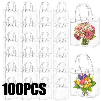 10-100 Pcs Clear Plastic Gift Bags with Handle Transparent Gift Bag Reusable Tote Bag PVC Goodie Bags for Wedding Party Supplies 1