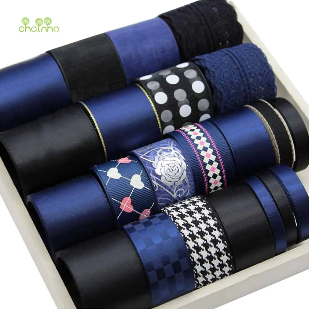 Chainho,Ribbon & Lace Set,Navy Blue & Black Color Series,DIY Handmade Hair Ornament Accessoriees,1 Yard/Piece,21 Pieces/Lot,RB02