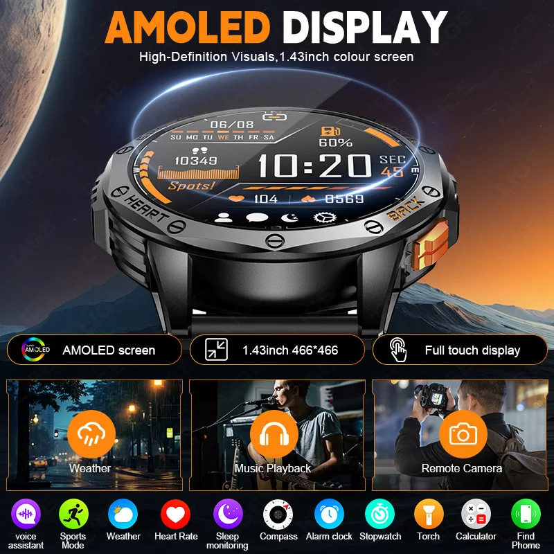 LIGE Smartwatch Uomo GPS Con Bussola, Schermo AMOLED 1.43'', 170+ Sport, 10 ATM Impermeabile, Batteria 600mAh, Notifiche Chiamate Bluetooth