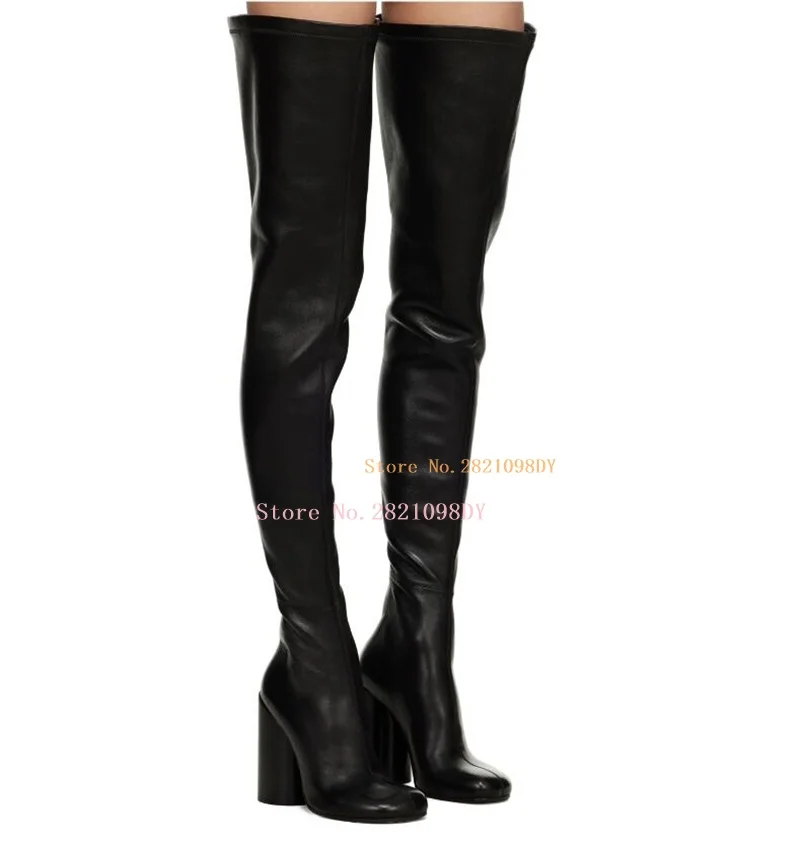

Grained Leather Black Plaid Elastic Sock Boots Knitted Over The Knee Boots Women's Shoes Block Heeled Thigh High Long Bota