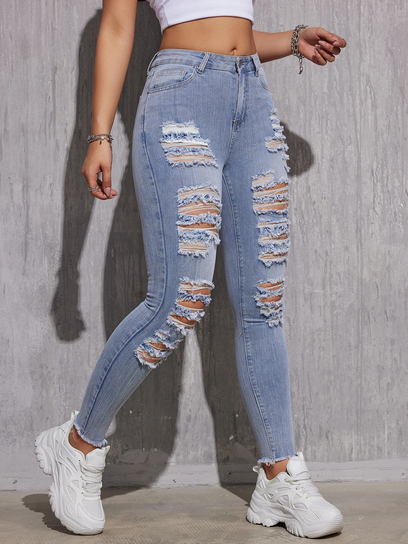 Fashion Hole Stretch Leg Pencil Jeans Women Trend Broken Holes Denim Pants Female Slim Mid Waist Button Chic Trousers