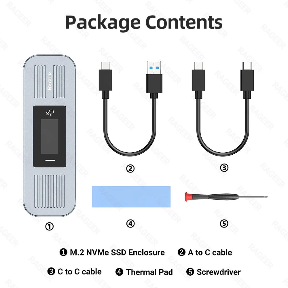 RAGEER Visual Smart M.2 NVMe 2280 Enclosure Aluminum USB-C Adapter 10Gbps Data Transfer Speeds External SSD Storage external hard drive case ssd enclosure hard drive adapter ssd adapter