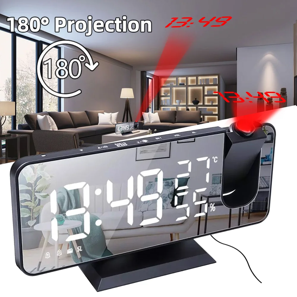 

180° Projection LED Digital Smart Alarm Clock USB Charge Digital Watch Table Electronic FM Radio Wake Up Clocks Snooze Function