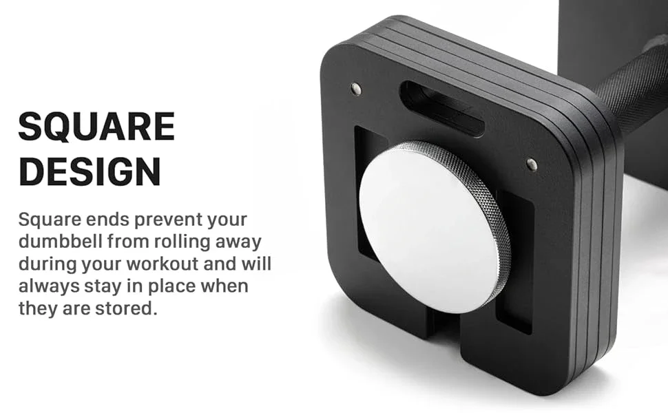 Square design dumbbells to prevent rolling during workout and storage.