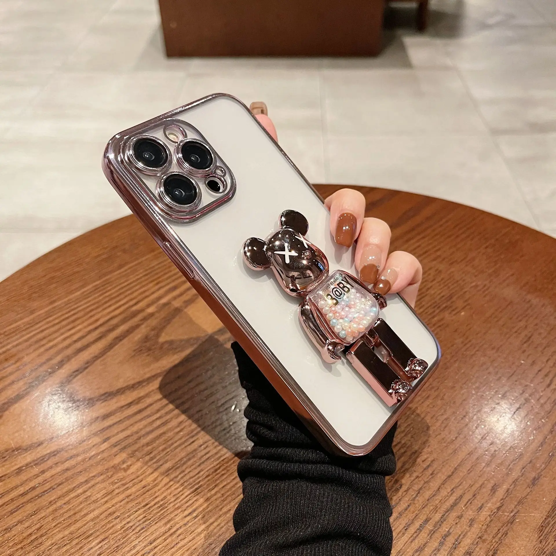 For iPhone 14 Pro Max case creative new candy beads 3D Cute Bear Bracket case iphone 14 13 12 11 electroplated soft shell