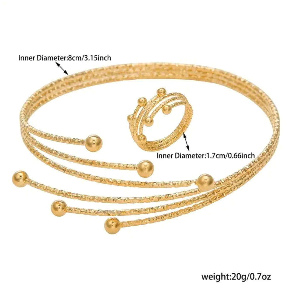 2pcs Golden Tone Arm Cuff + Ring Jewelry Sets for Women Multi Layered Temperament Bnagle Perfect Gift for Friends and Girlfriend