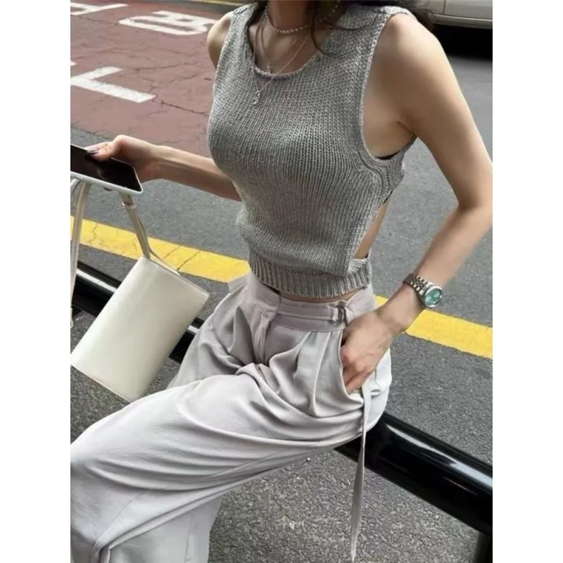 

Модный шикарный вязаный жилет Ins, женский корейский ажурный сексуальный облегающий топ с открытой спиной, летний волшебный женский жилет Y2k