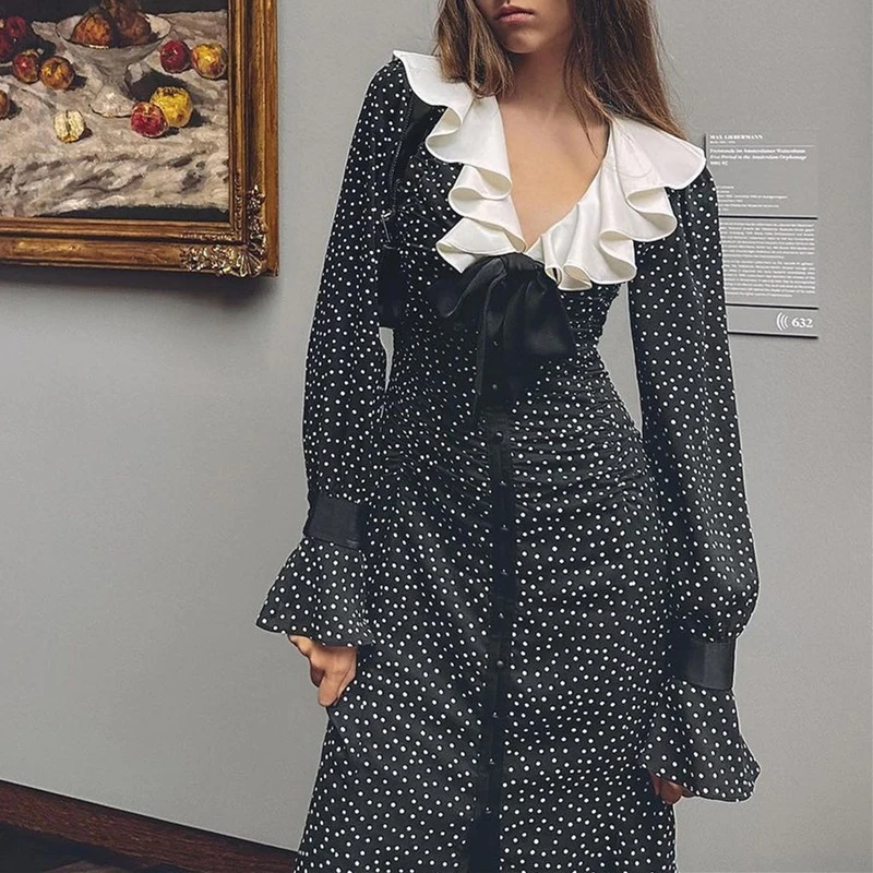 

Fashion Spliced Ruffle V-Neck French Style Women Dress Elegant Retro Polka Dot Print Maxi Dress Lady Sexy Bow Button Party Dress