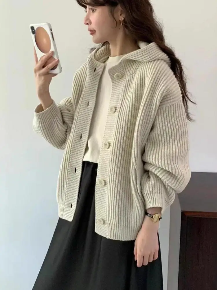 Autumn Winter New Solid Hooded Long Sleeve Knitted Tops Korean Fashion Women's Single Breasted Cardigan Short Sweater Streetwear