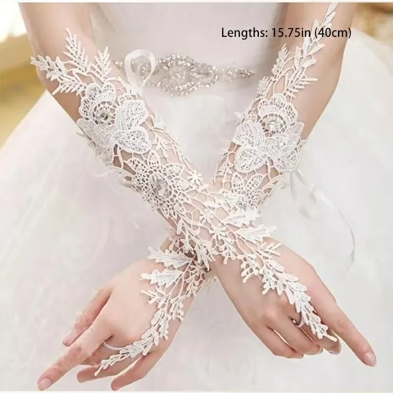Lace Fingerless Bridal Wedding Gloves with Rhinestone for Women Paragraph Elbow Length lace gloves,wedding dress gloves