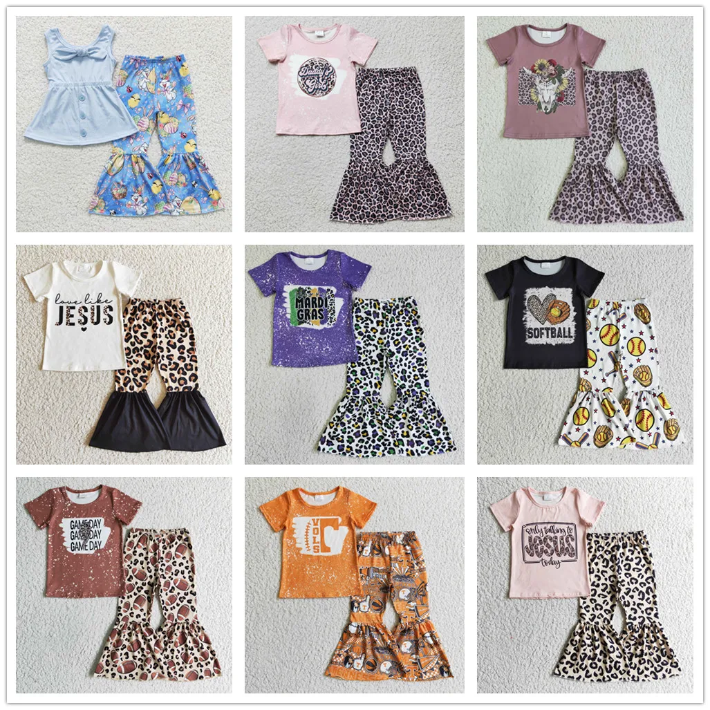 

Factory Supply RTS Short Sleeve Top Baby Clothing Boutique Toddler Kids Bell Bottoms Sets G​irl Leopard Outfits
