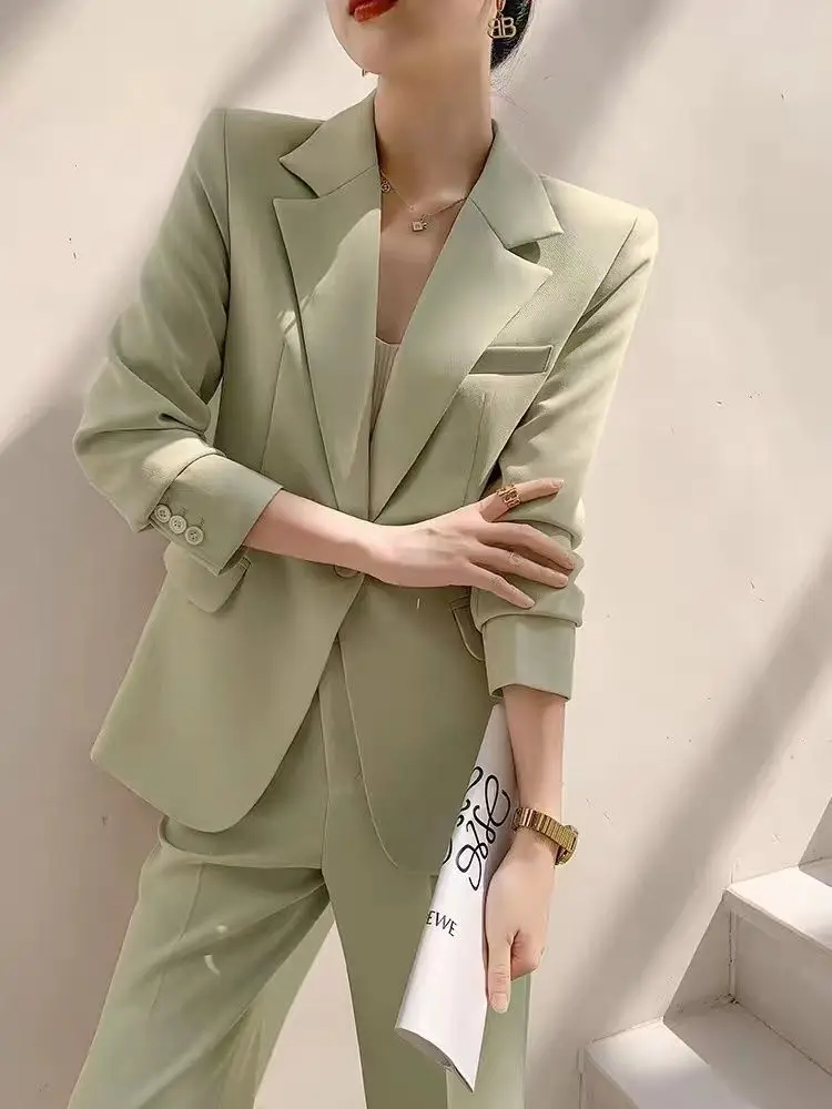 Jinsen Aite Women Suits Office Sets Long Sleeve Casual Temperament Blazer Women Vintage Slim Solid Pants 2 Piece Sets