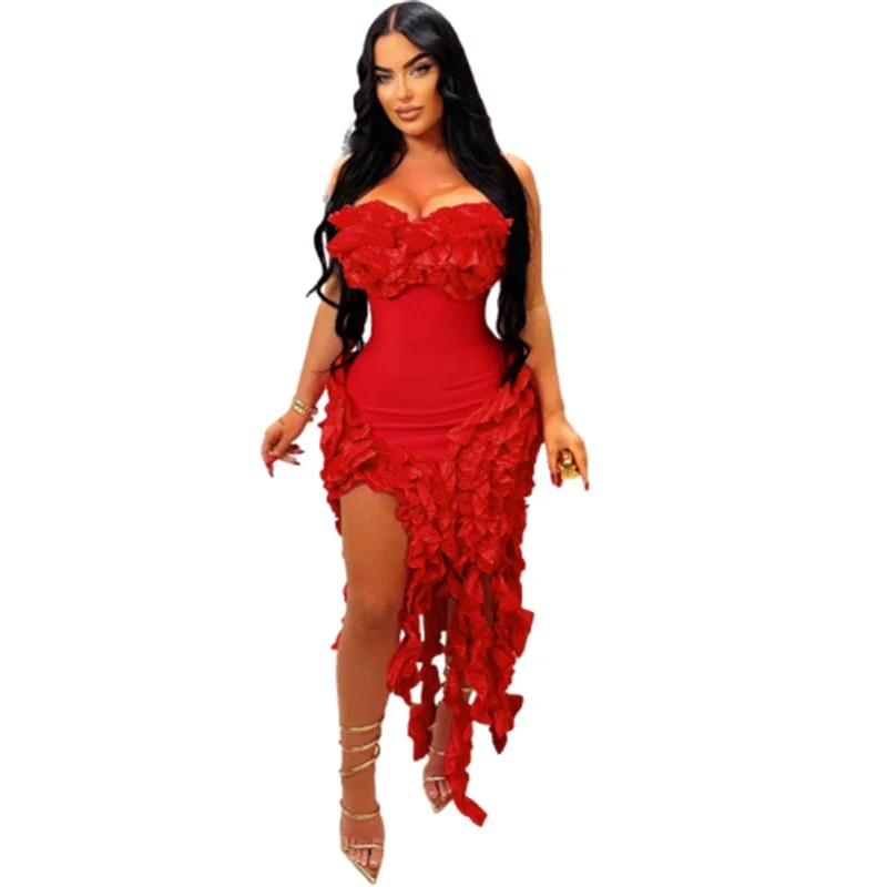 

Women Elegant Wood Ear Trim Dresses Sexy Evening Party Bustier Sleeveless Dress Female Summer Slim Fit Wrap Hip Solid Color Gown