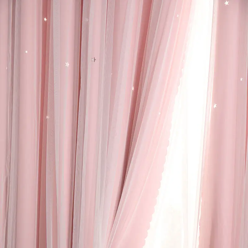 Hollow Out Star Princess Style Pink Double Layer Curtain Blackout Curtain for Living Room Bedroom 2
