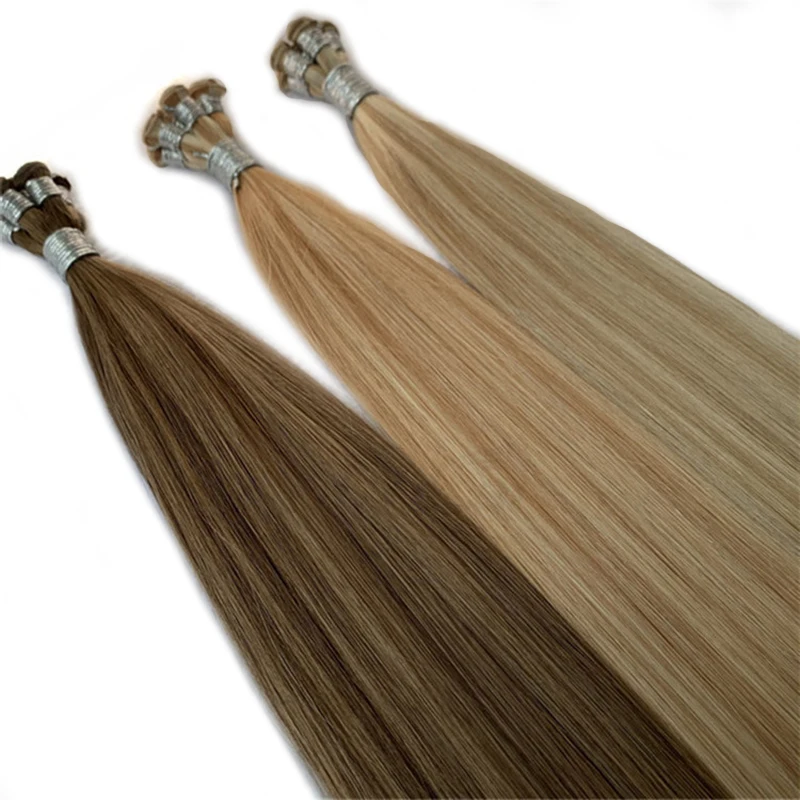 Brazilian Straight Handmade Human Hair Extensions Double Drawn Hand Tied Weft 14